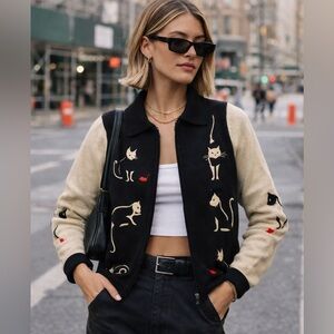 TanJay Vintage Embroidered Cat Sweater – Full Zip Black Large